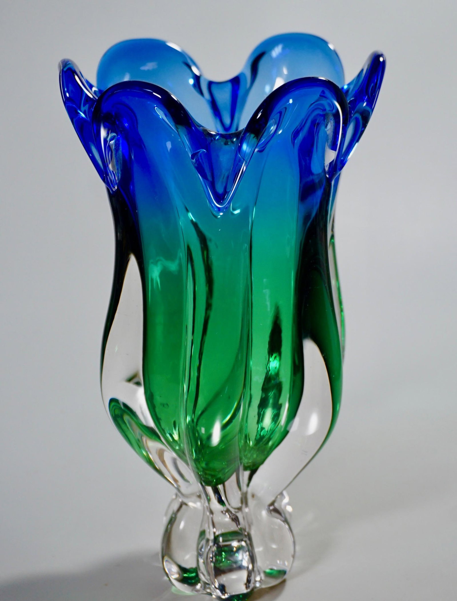 Two Tone Green Blue Thick Heavy Glass Flower Vase: Two Tone Green Blue Thick Heavy Glass Flower Vase Approximately 10 1/16 inches tall.