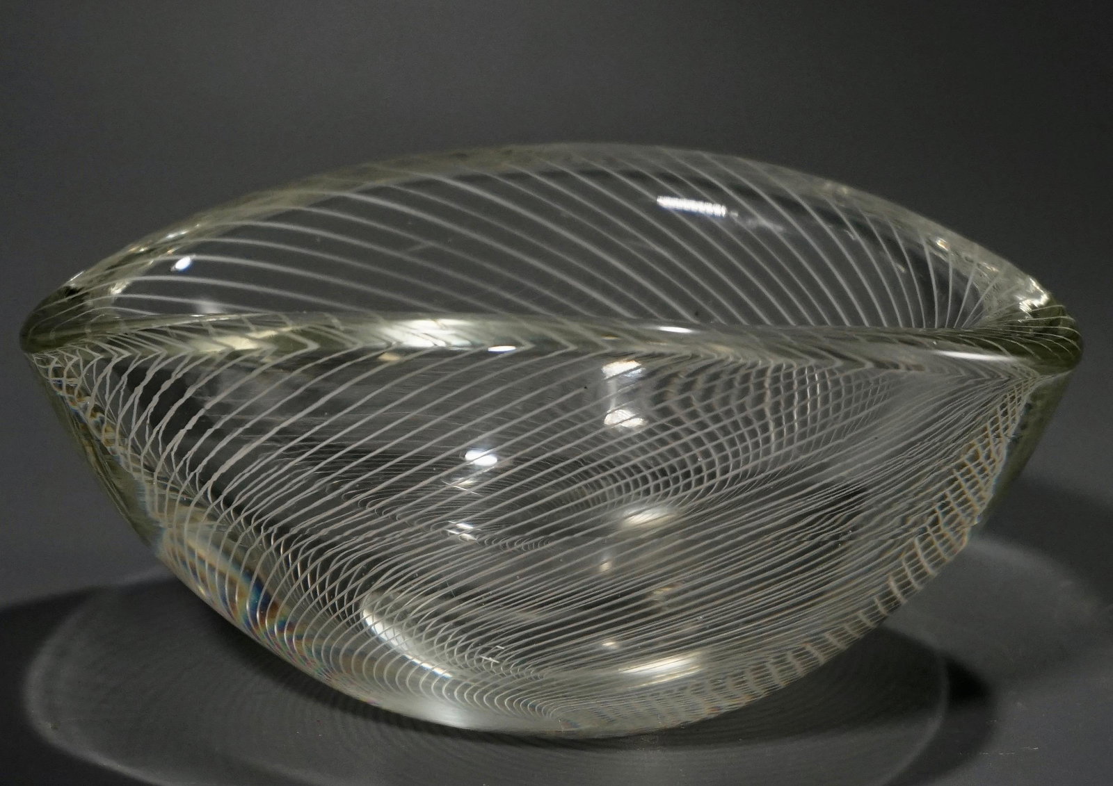 White Filigrana Vintage Mid Century Murano Glass Bowl: White Filigrana Vintage Mid Century Murano Glass Bowl Approximately 2 9/16 x 6 1/8 x 4 3/8 inches.