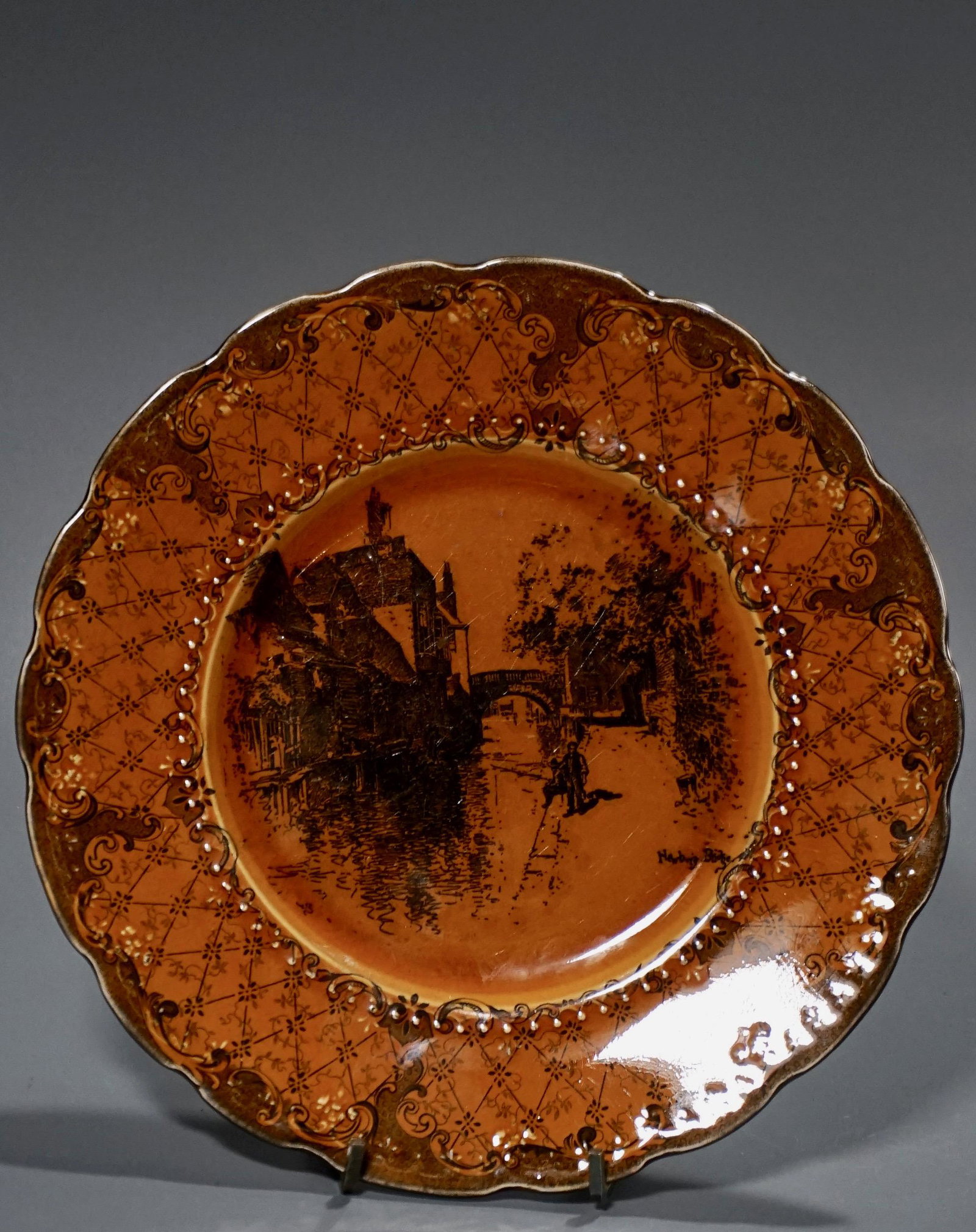 English Yellow Transfer Ridgways Cabinet Plate Scenes: English Yellow Transfer Ridgways Cabinet Plate Scenes from Coaching Days & Coaching Ways by Special Permissionof MacMillan & Co Ltd Approximately 8 7/8 inches in diameter.