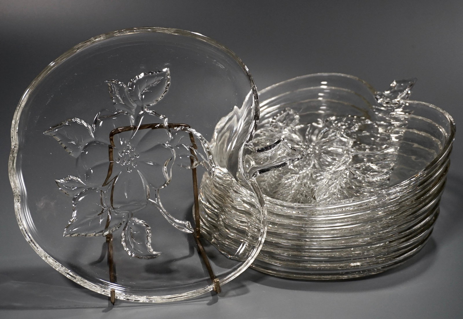 Pressed Glass Apple Dessert Luncheon Sandwich Plate: Pressed Glass Apple Shaped Sandwich Dessert Luncheon Plates Lot of 8 Approximately 8 9/16 x 7 15/16 inches.