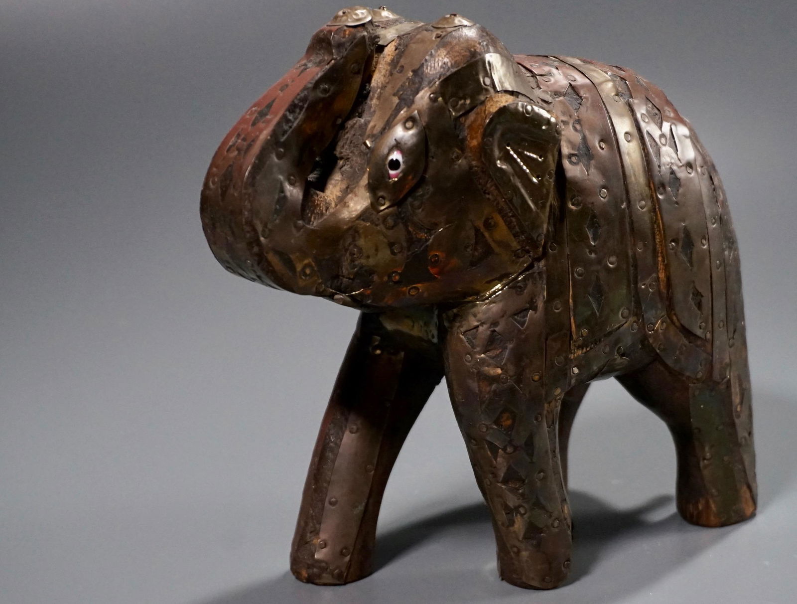 Carved Wood Brass Copper Clad Elephant Figurine Glass (1 of 6)