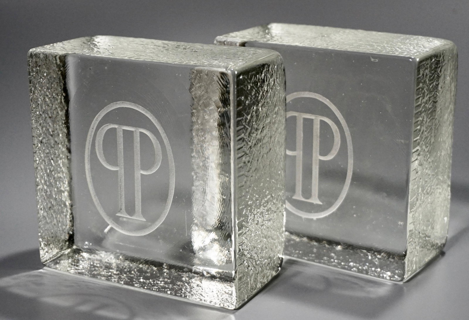 Vintage Art Deco Bookends Massive Molded Glass Block: Vintage Art Deco Bookends Massive Molded Glass Block Reversed Letter P Deep Cut Engraving Approximately 5 x 5 x 2 1/2 inches.