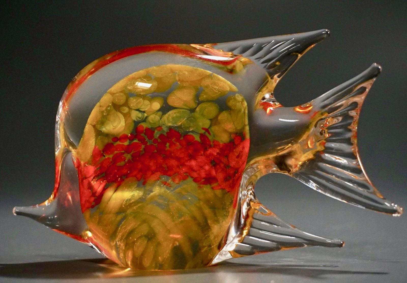 Orange Yellow Art Glass Fish Figurine Paperweight: Orange Yellow Art Glass Fish Figurine Paperweight Approximately 4 7/8 x 1 5/8 x 3 1/16 inches.