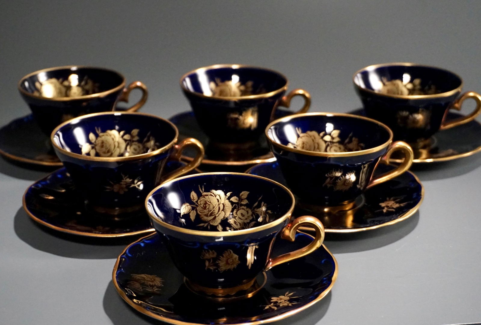 Cobalt Blue 22K Gold Gilded Demitasse Cup Saucer Lot of (1 of 6)