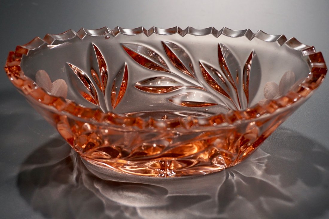 Pink Pressed Cut Glass Vintage Bowl: Pink Pressed Cut Glass Vintage Bowl Approximately 2 9/16 x 7 7/16 x 4 1/4 inches.