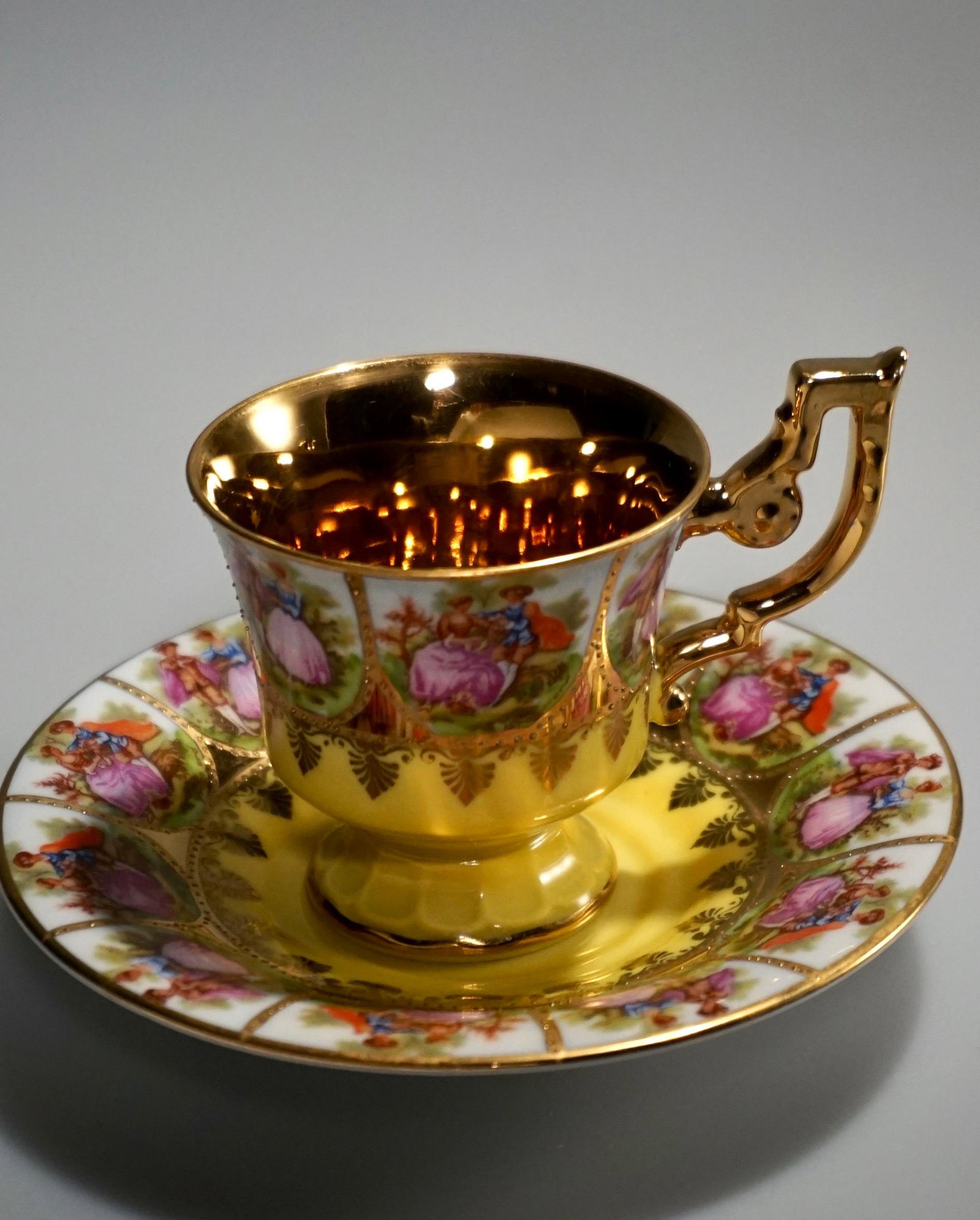 Vintage Bavarian HE Porcelaine Scenic Cabinet Cup: Vintage Bavarian HE Porcelaine Scenic Cabinet Cup Saucer Gilded Interior Cup is approximately 3 7/16 x 2 1/2 x 2 1/2 inches tall; saucer is approximately 4 13/16 inches in diameter.