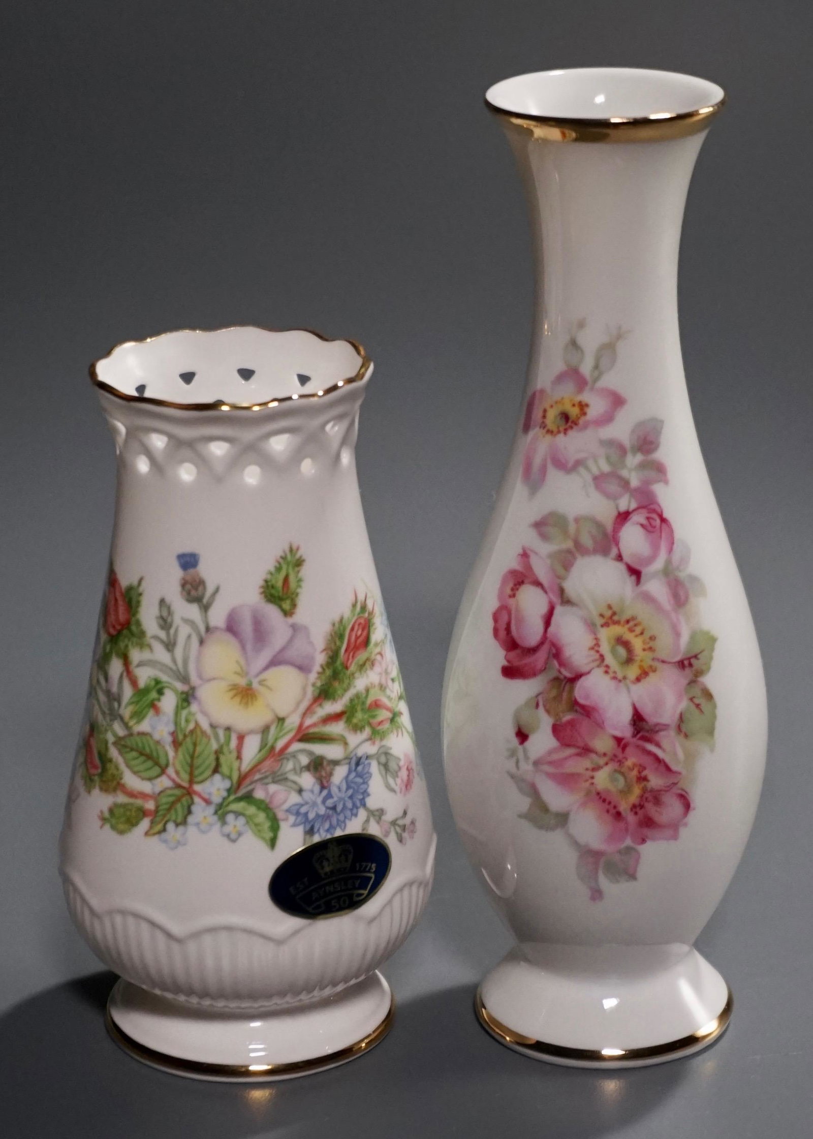 Small Porcelain Vases Aynsley Fine Bone China Gerold: Small Porcelain Vases Aynsley Fine Bone China Gerold Porzellan Tettau Bavaria Germany Approximately 4 7/16 and 6 inches tall.