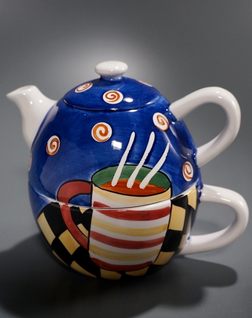 Jazz Cafe Hand Painted Pottery Teapot Cup Duo (1 of 4)