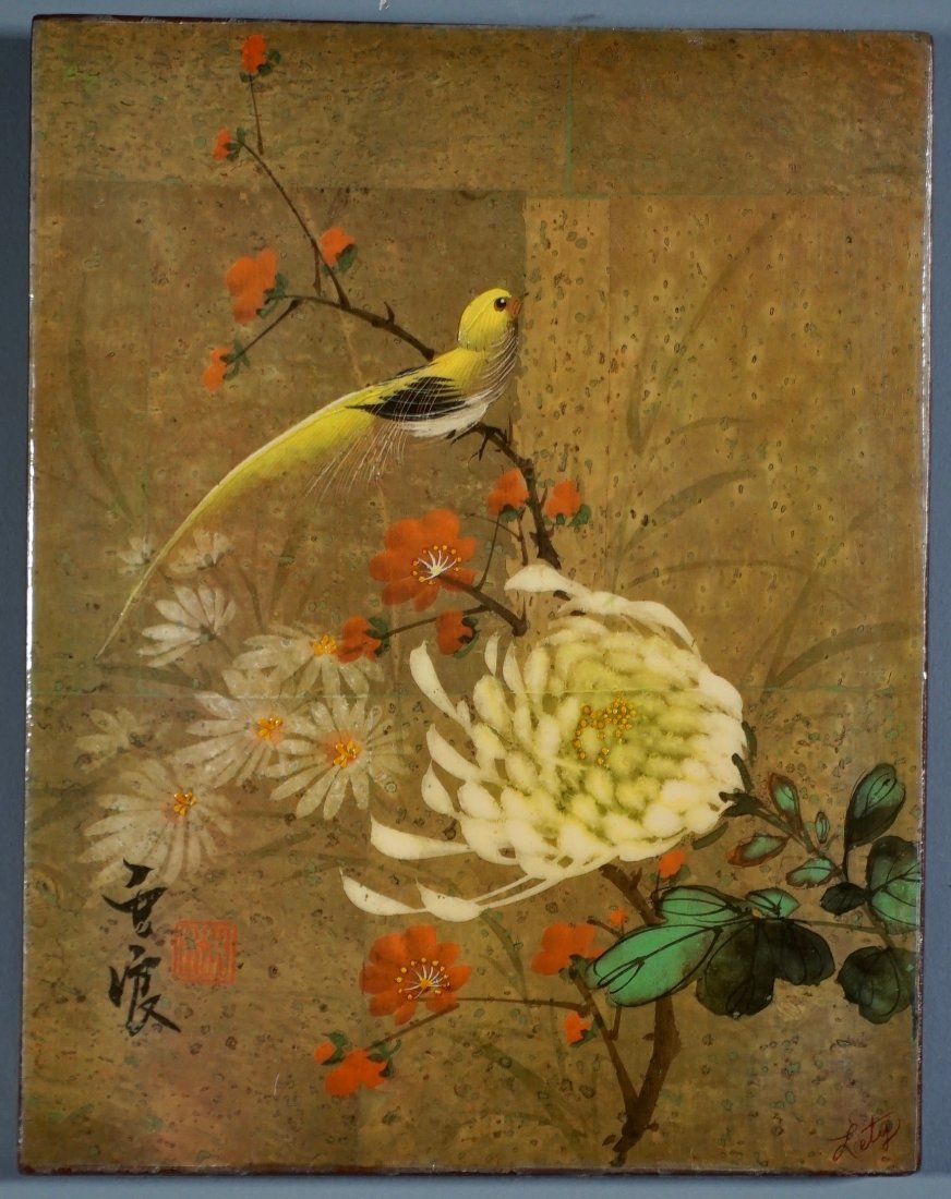 Chinoiserie Chrysanthemum Bird Signed Lacquer Print (1 of 5)
