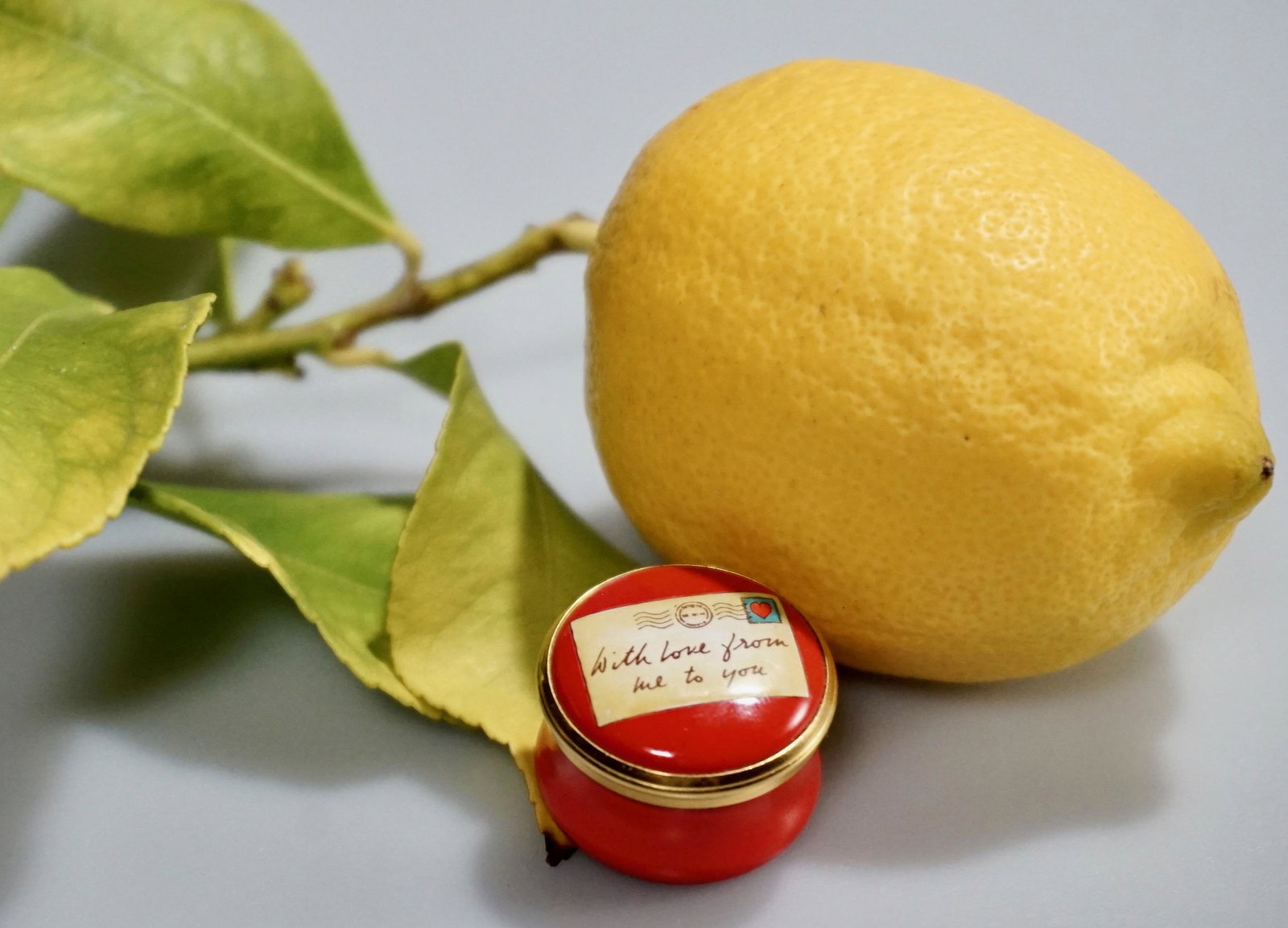 Halcyon Days Enamels Red Screw Lid Pillbox With Love: Halcyon Days Enamels Red Screw Lid Pillbox With Love From Me To You Approximately 7/8 inches in diameter x 5/8 inches tall.