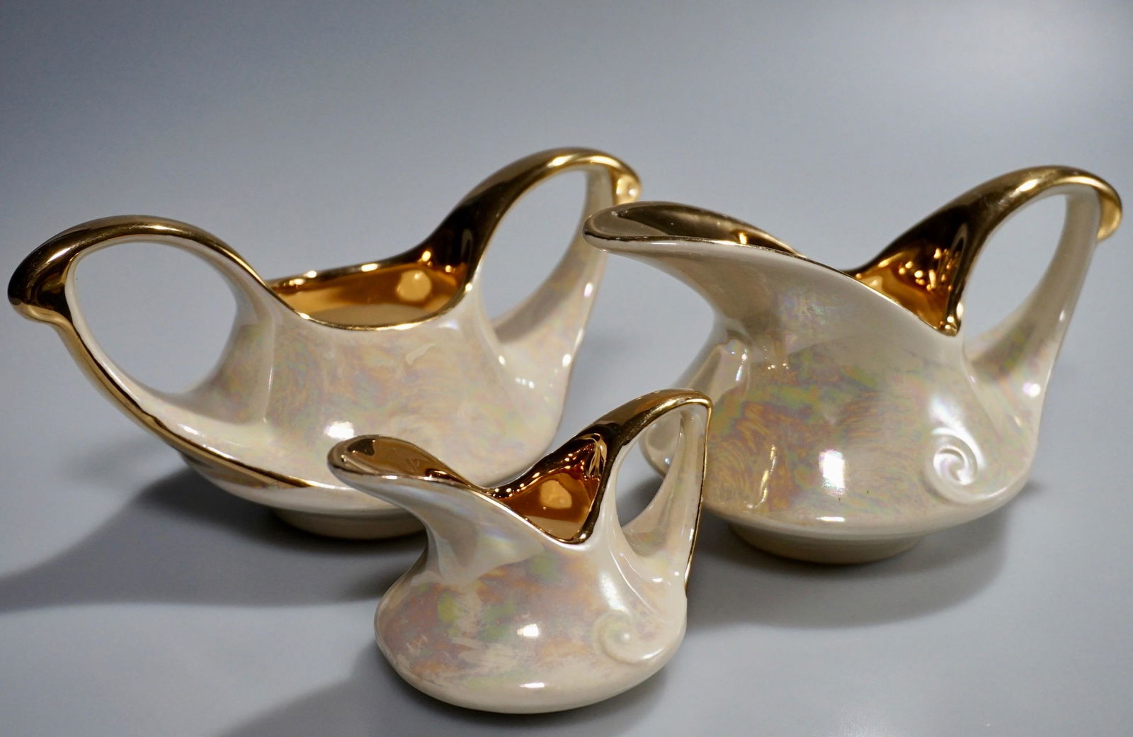 Mid Century Modern Pearlware Trio Gilded Accent Pottery (1 of 4)