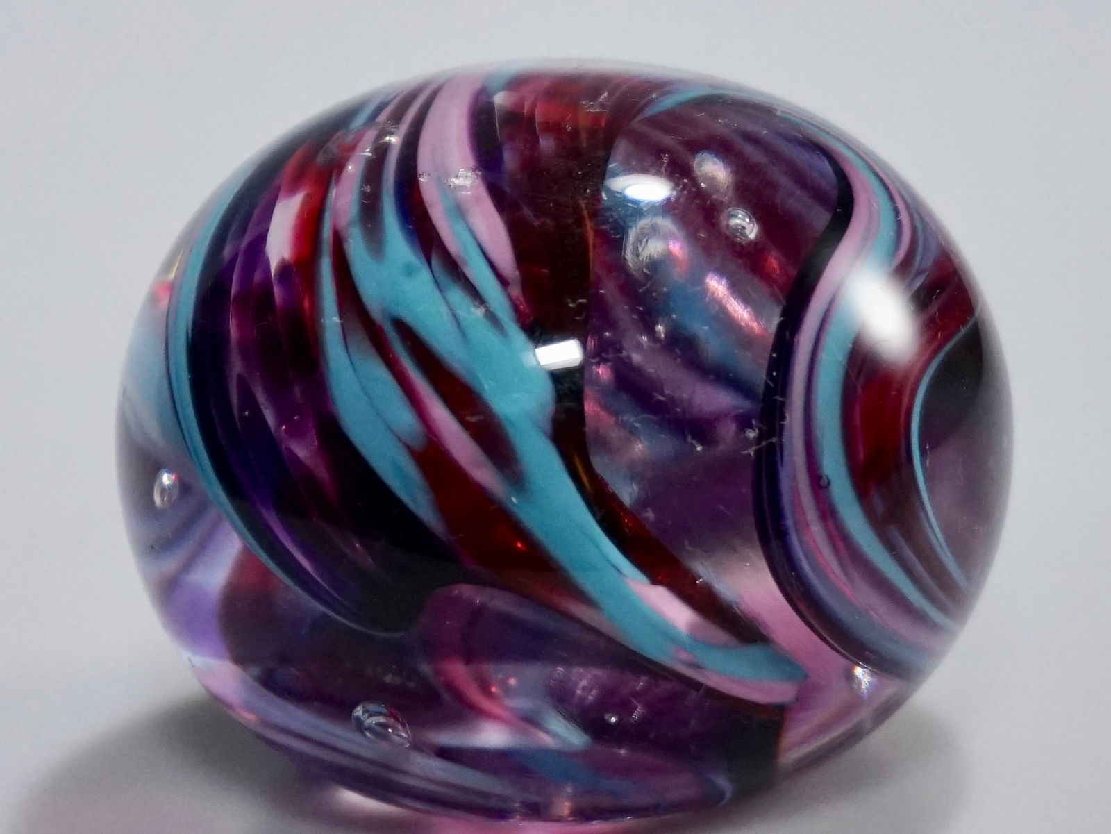 Signed Studio Art Glass Blue Pink Swirl Paperweight (1 of 5)