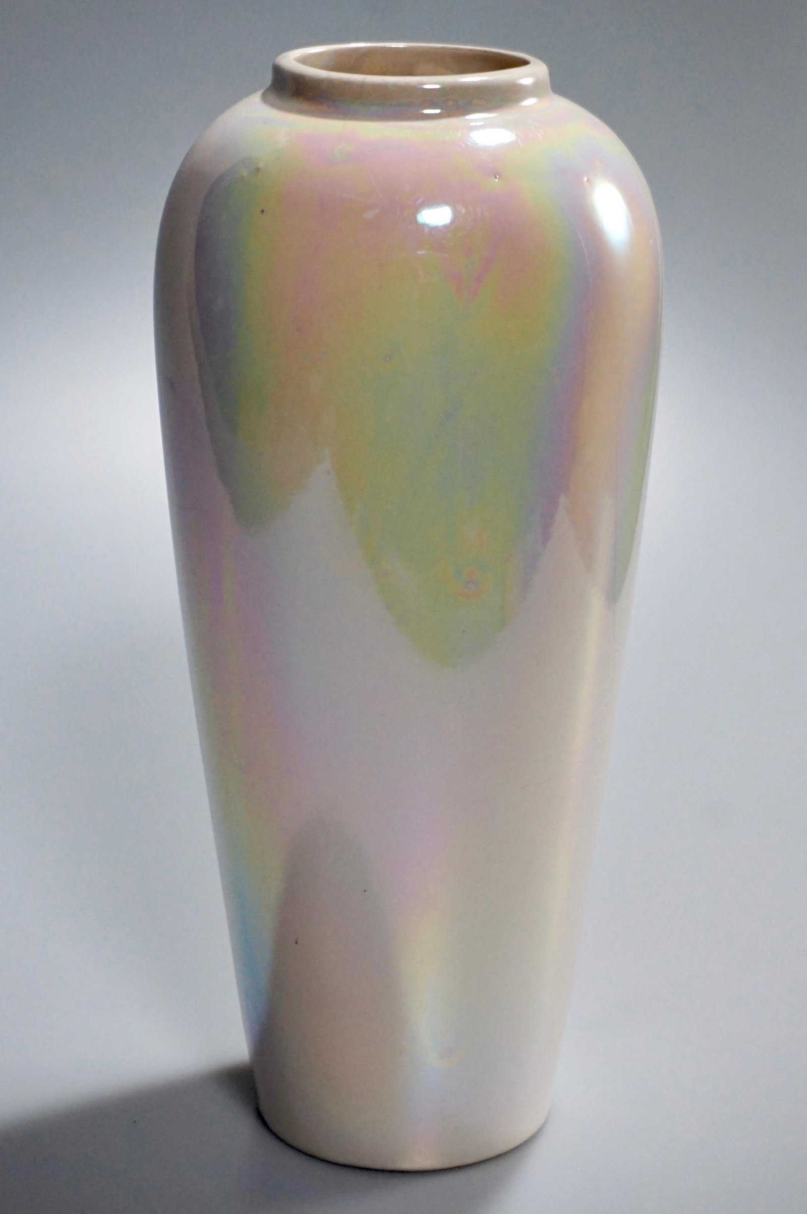 Iridescent Pearlware Mid Century Pottery Vase: Iridescent Pearlware Mid Century Pottery Vase Approximately 8 1/8 inches tall.