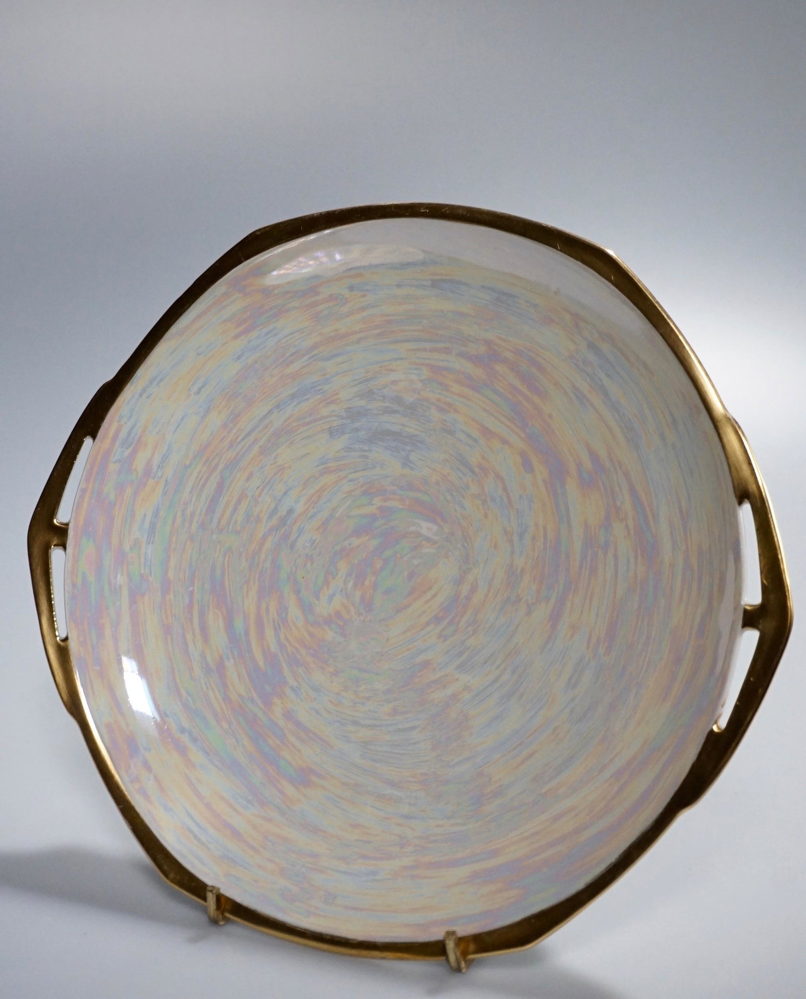 Art Nouveau MZ Altrohlau CMR Czechoslovakia Iridescent: Art Nouveau MZ Altrohlau CMR Czechoslovakia Iridescent Pearlware Cake Plate with Gilded Rim Approximately 9 7/16 x 8 11/16 inches.