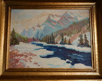 Vintage Landscape Oil Painting Mounting View c1940