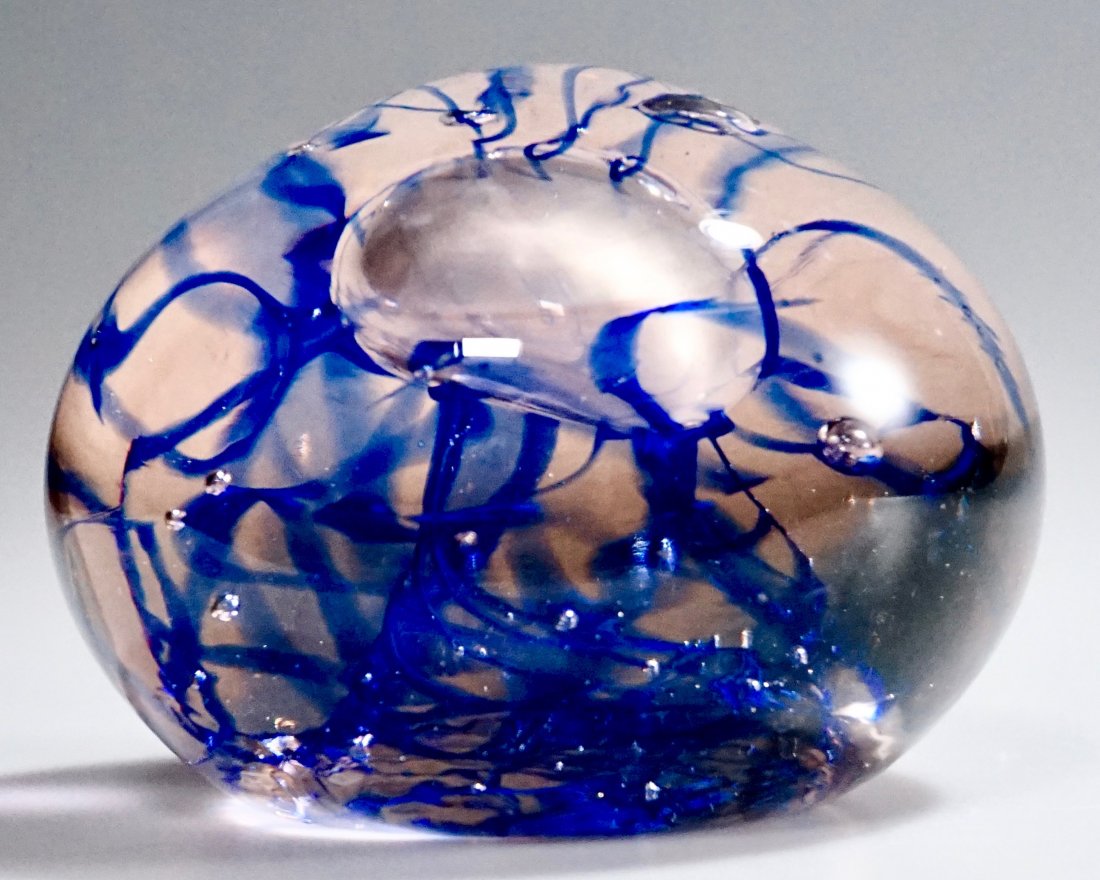 Art Glass Studio Signed Paperweight Smoked Air Bubble: Art Glass Studio Signed Paperweight Smoked Air Bubble Blue Thread Approximately 2 3/8 inches tall.