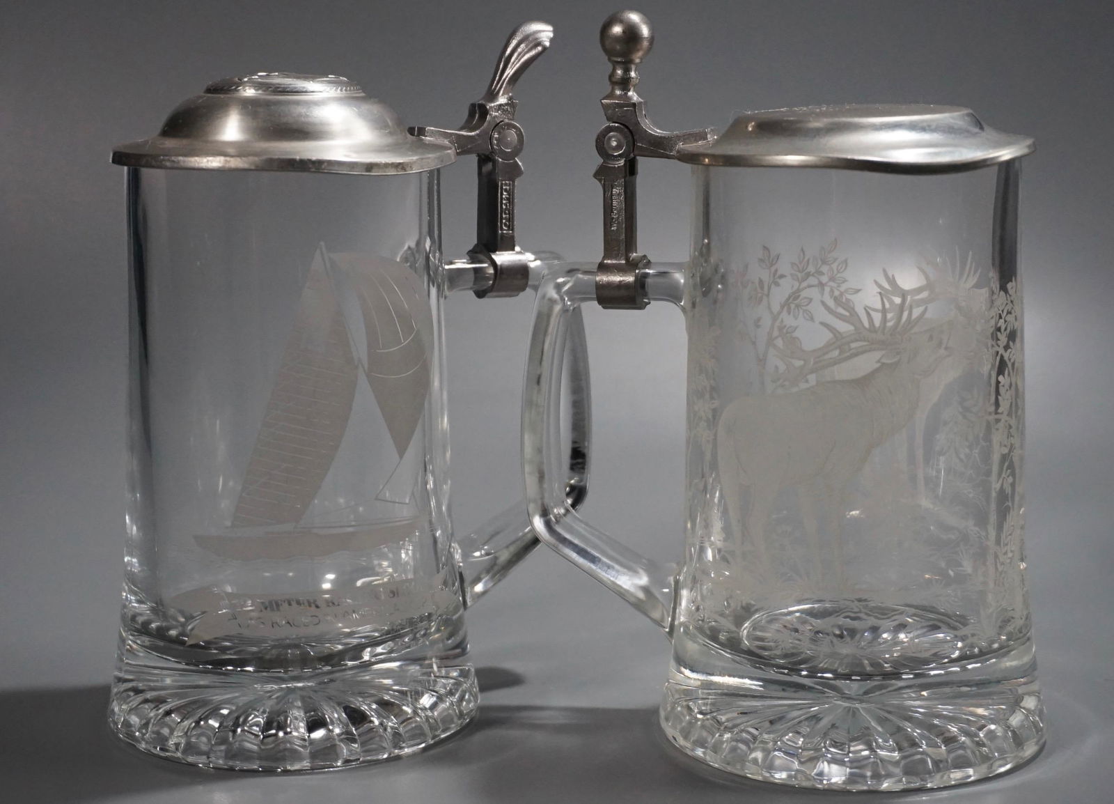 Vintage Glass Beer Stein Pewter Lid Mug Deer Stag Yacht (1 of 4)