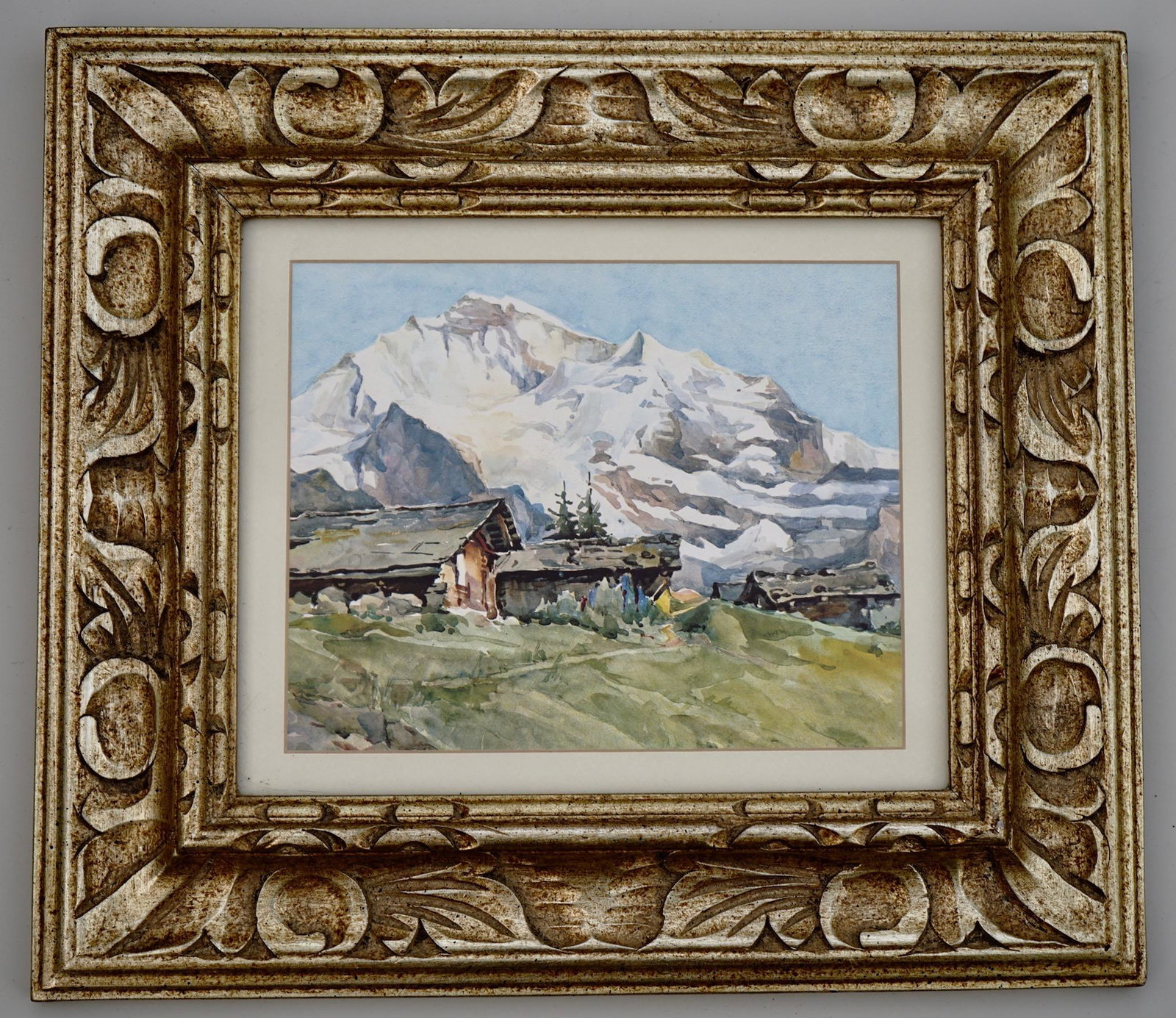 Alpine Mounting View in Carved Frame: Alpine Mounting View in Carved Frame Mounted under anti-reflective glass. Approximately 9 13/16 x 7 7/8 inches; 18 1/8 x 16 1/16 inches framed.