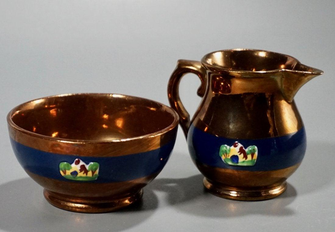 Antique English Copper Lustre China Creamer Sugar Set B (1 of 4)