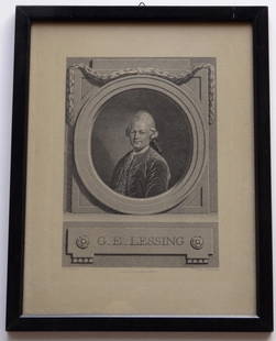 18 century German Engraving with 1926 Provenance: 18 century German Engraving with 1926 Provenance Johann Friedrich Bause after portrait painting by Anton Graff (German, 1738-1814) G.E. Lessing 1772 Approximately 11 7/8” x 15 1/8” framed. Actual