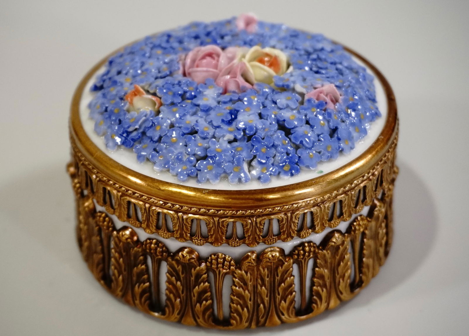 German Porcelain Flower Encrusted Trinket Vanity Box (1 of 8)