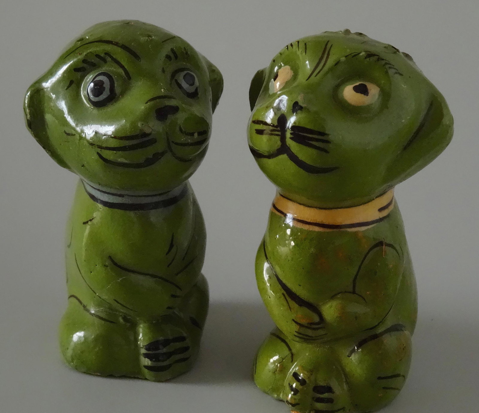Green Mexican Dogs Vintage Painted Earthware Salt: Green Mexican Dogs Vintage Painted Earthware Salt Pepper Shakers Approximately 3 1/8 inches tall.