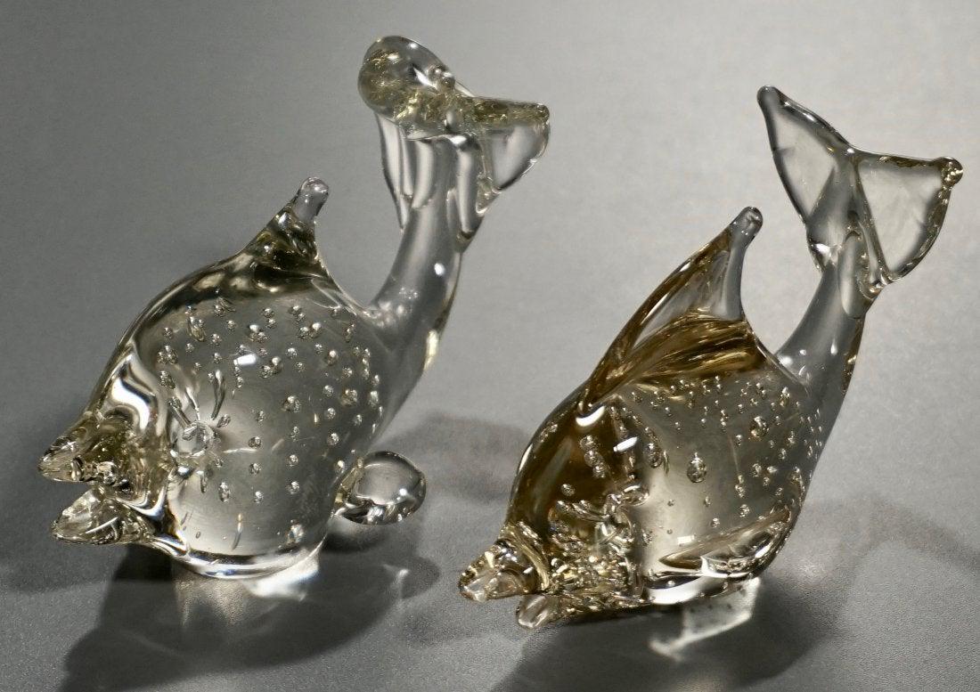 Dolphin Fish Art Glass Ornament Paperweight Lot of 2: Dolphin Fish Art Glass Ornament Paperweight Lot of 2 Approximately 4 3/4 x 2 3/8 x 3 1/16 inches tall.
