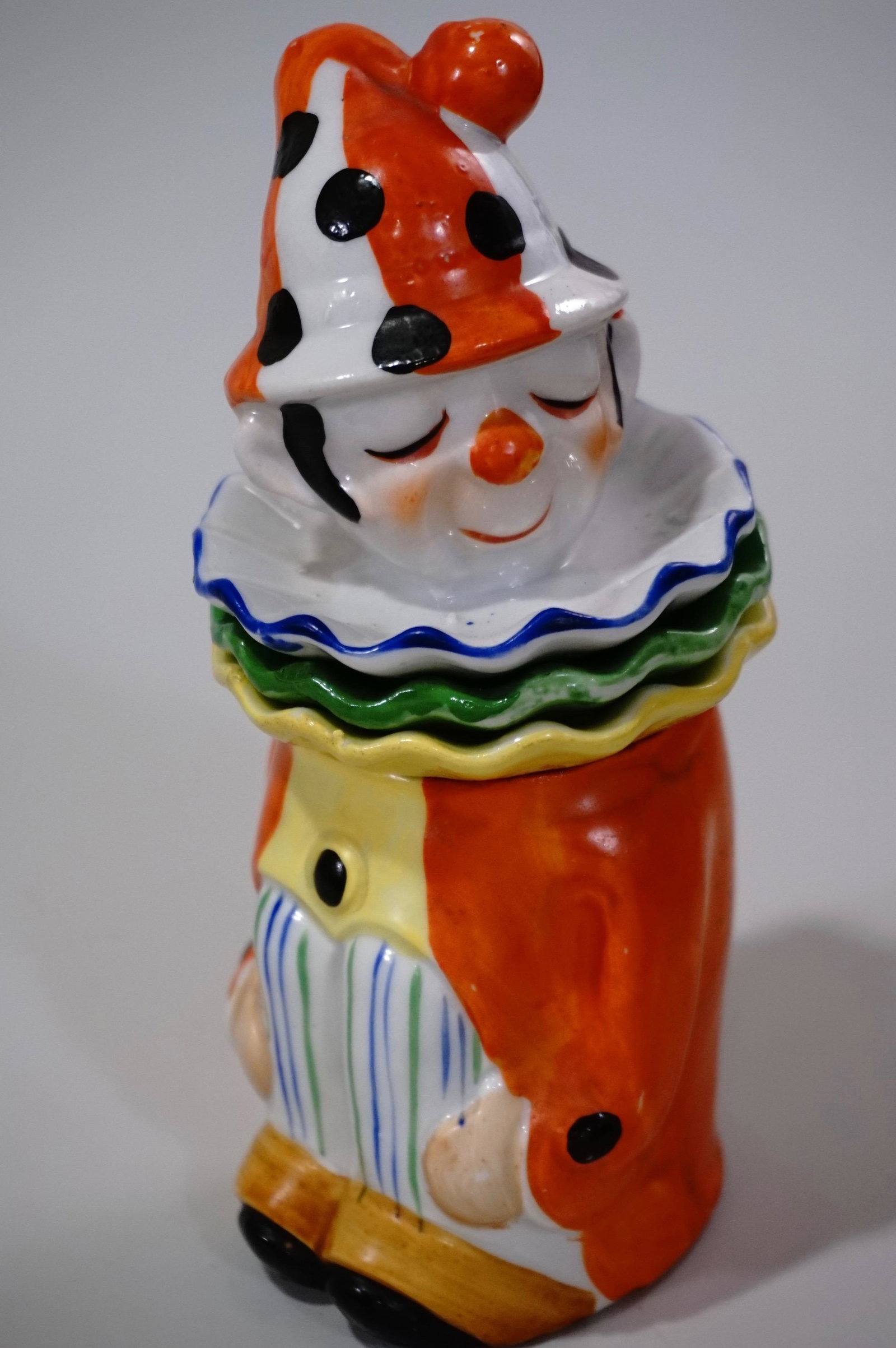 Circus Clown Jar Container Collar Serving Rosettes: Circus Clown Jar Container Collar Serving Rosettes Approximately 7 1/8 inches tall; rosettes are 3 3/16 inches in diameter.