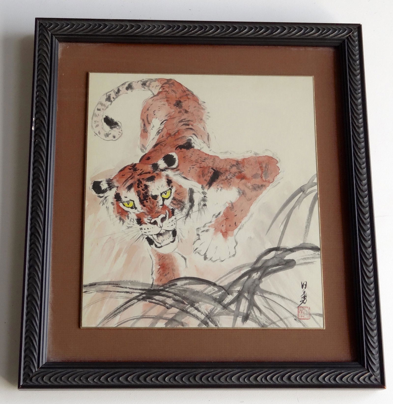 Oriental Signed Art Watercolors Tiger Framed (1 of 4)