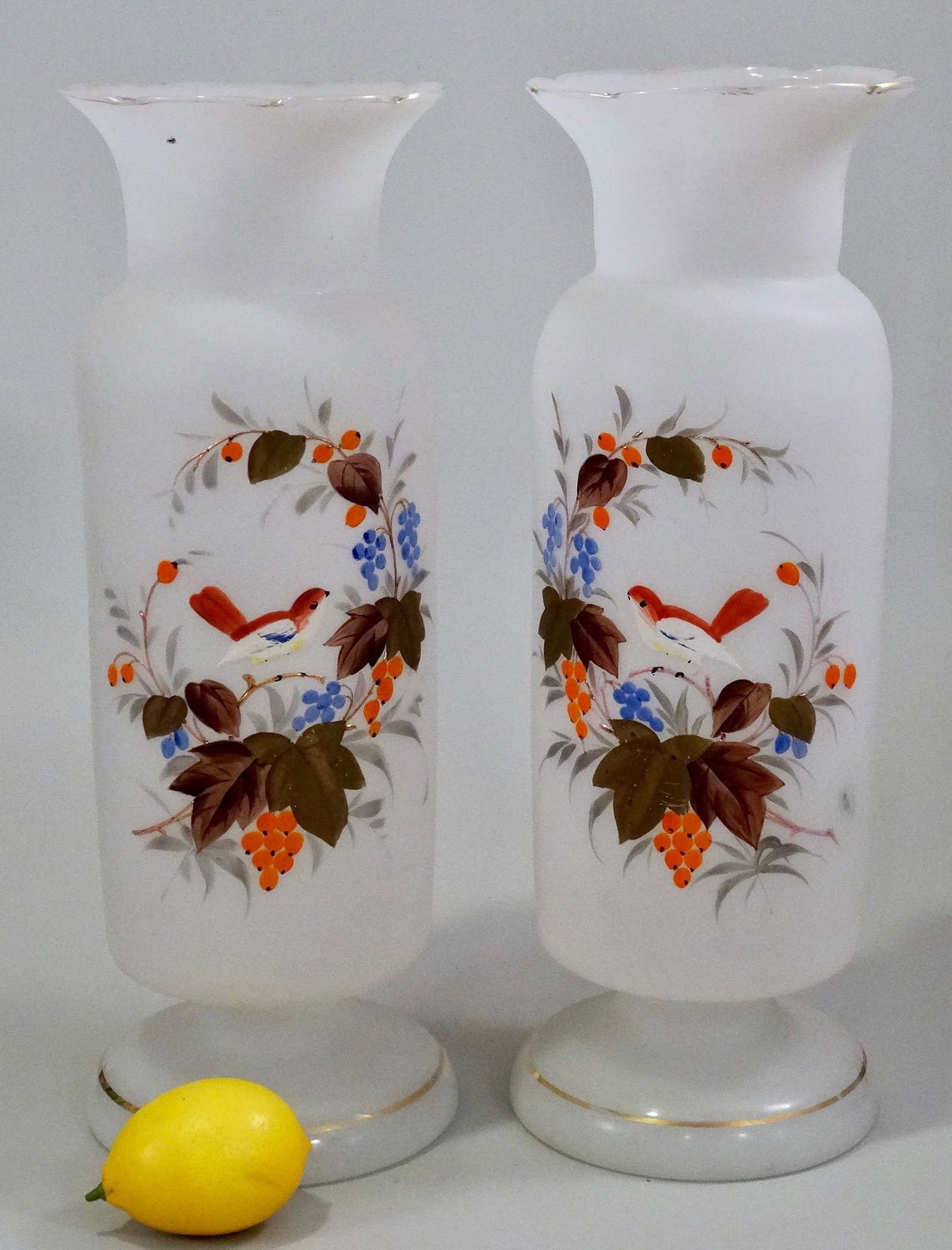 Antique Frosted Art Glass Vase Hand Painted Bird in: Antique Frosted Art Glass Vase Hand Painted Bird in Foliage Pair Approximately 14 9/16 inches tall.