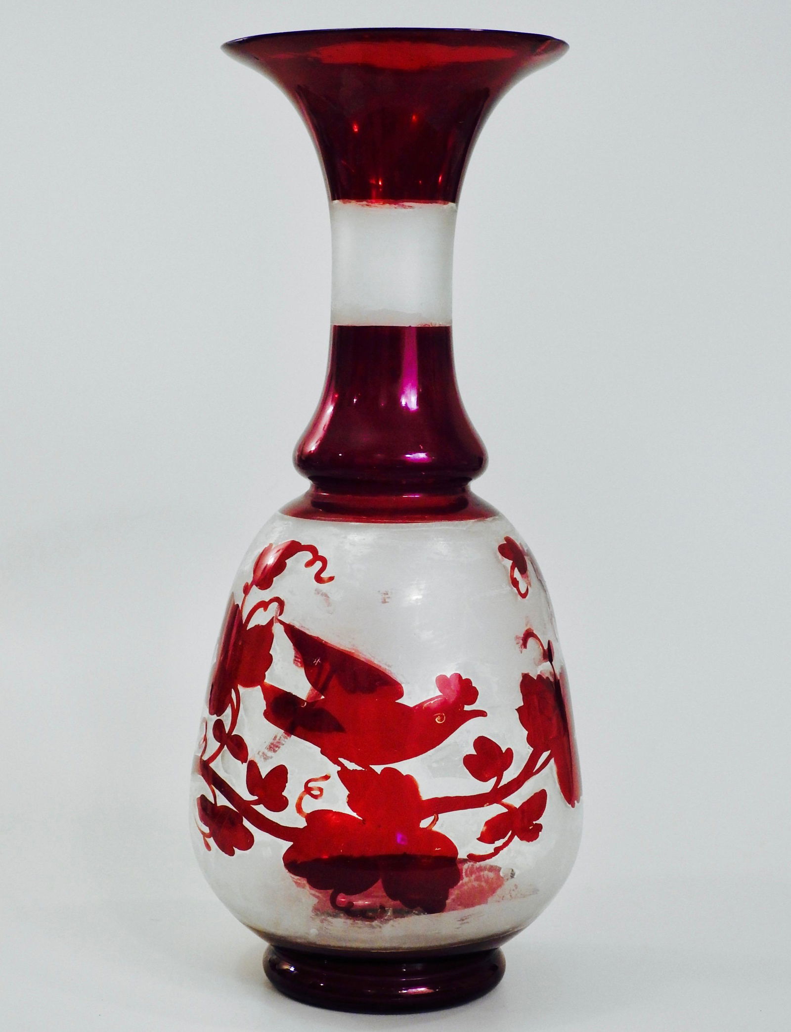 Antique Bohemian Ruby Flashed Glass Vase Bird Vines (1 of 5)