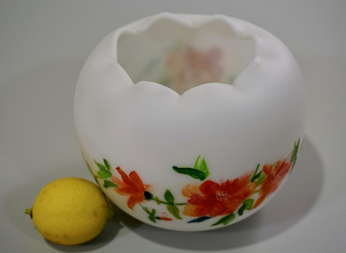 Painted Vintage Milk Satin Glass Rose Bowl Vase: Painted Vintage Milk Satin Glass Rose Bowl Vase Approximately 4 _ x 5 13/16 inches in diameter.