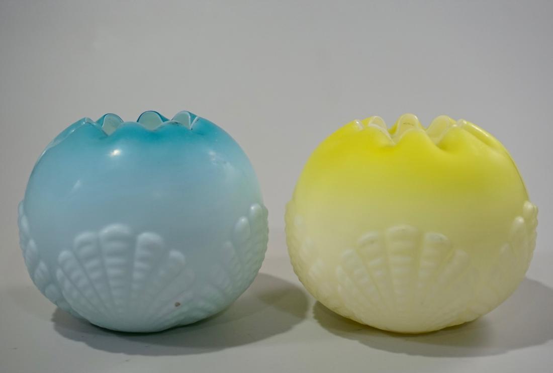 Shell Embossed Rose Bowl Antique Vase Blue and Yellow: Shell Embossed Rose Bowl Antique Vase Blue and Yellow Consolidated Satin Glass c 1880 Lot of 2 Approximately 4 x 4 11/16 inches in diameter.