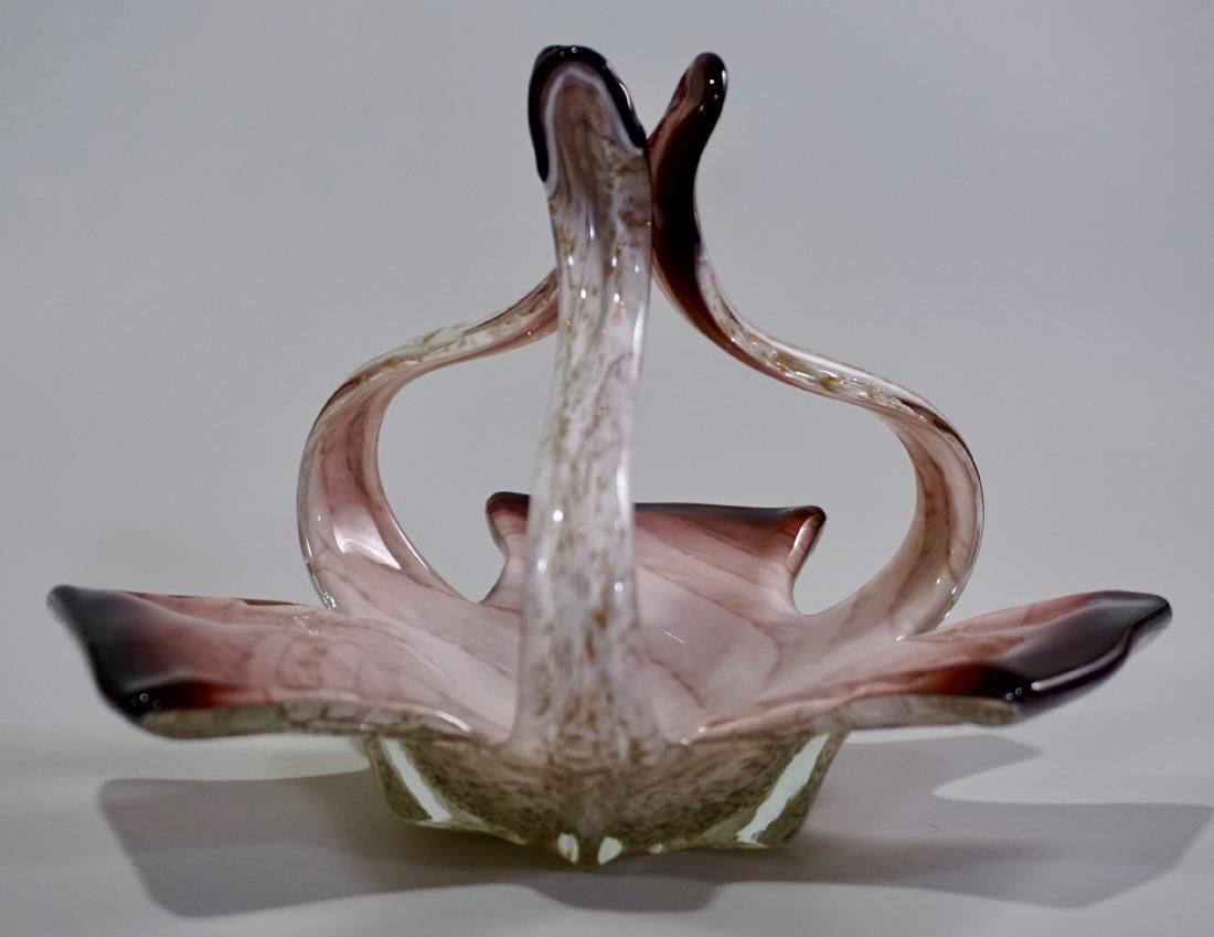 Mid Century Murano Aventurine Art Glass Three Leaf Vase: Mid Century Murano Aventurine Art Glass Three Leaf Vase Rare Open Basket Shape Unusual Color Approximately 5 3/4 x 10 inches across.