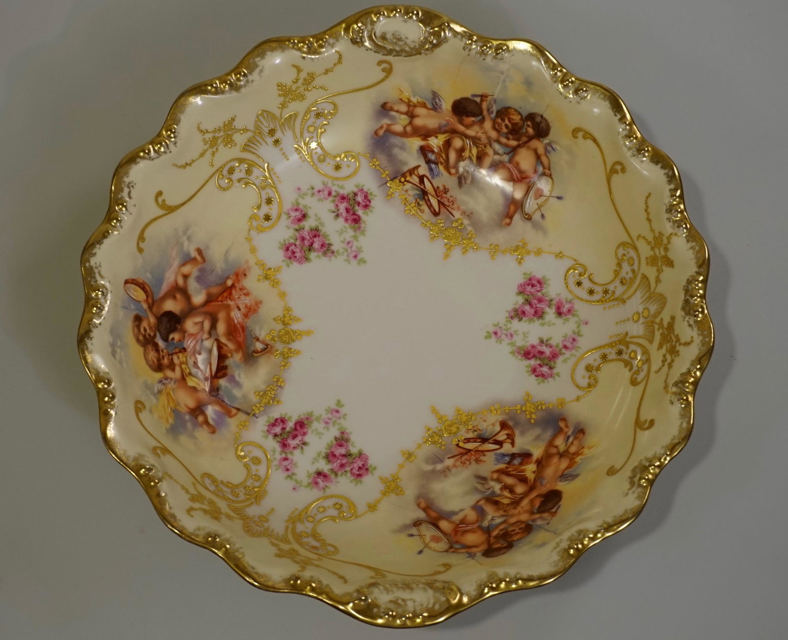 Antique LS & S Limoges Porcelain Putti Bowl Lazarus: Antique LS & S Limoges Porcelain Putti Bowl Lazarus Straus and Sons Macys Importers c 1900 Approximately 2 1/4 x 10 3/8 inches in diameter.