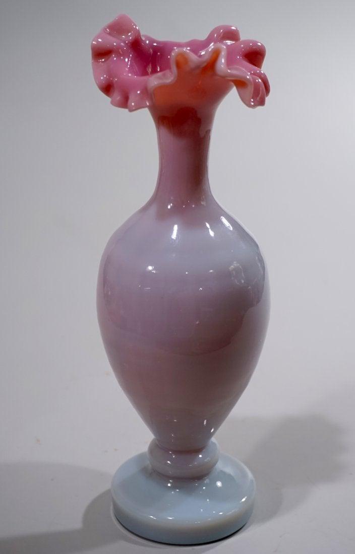 Antique Opalescent Cased Pink Blown Art Glass Vase: Antique Opalescent Cased Pink Blown Art Glass Vase Approximately 8 1/4 inches tall.