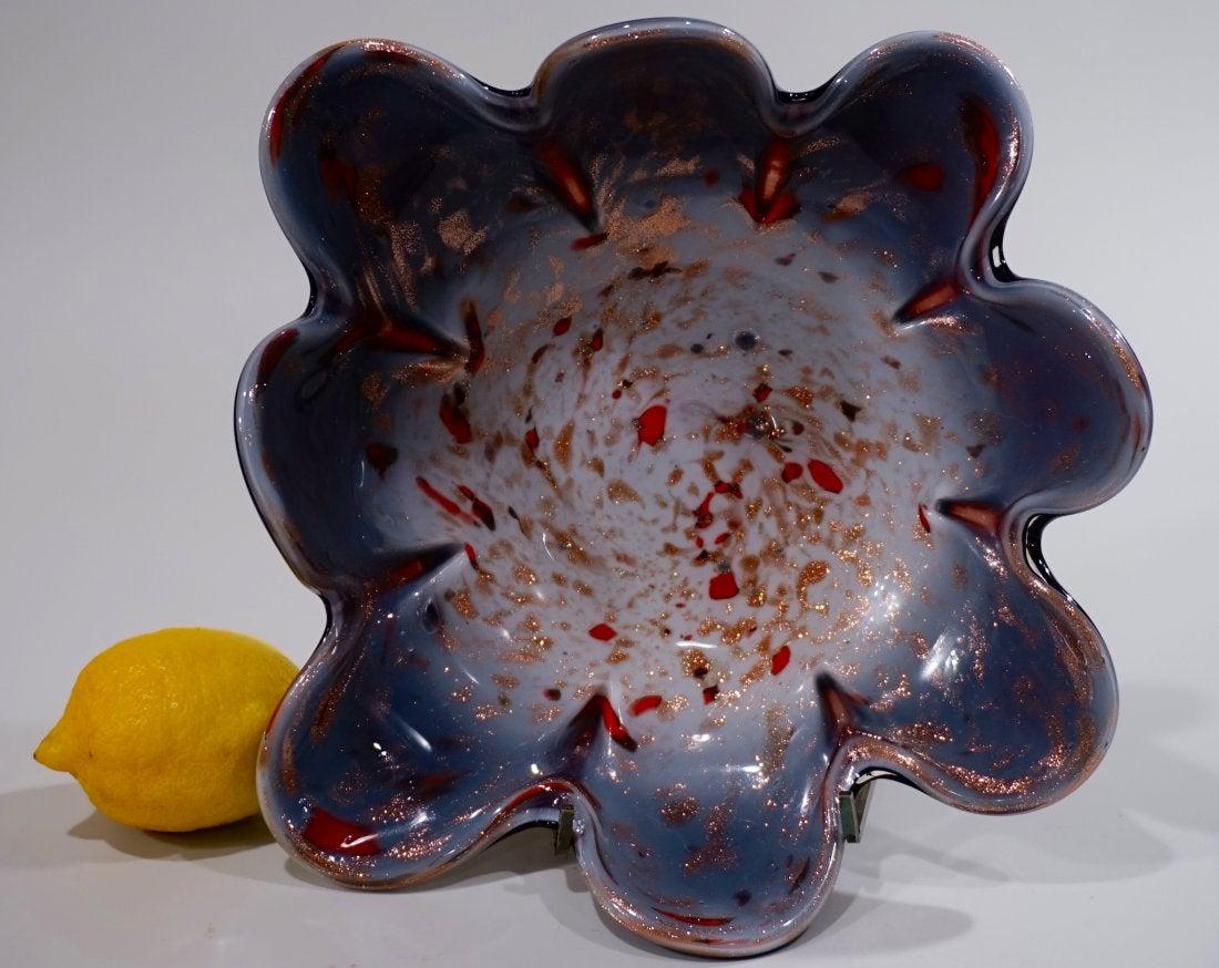 Murano Mid Century Italian Bowl Aventurine Speckled Art: Murano Mid Century Italian Bowl Aventurine Speckled Cased Art Glass Approximately 8 x 8 inches.