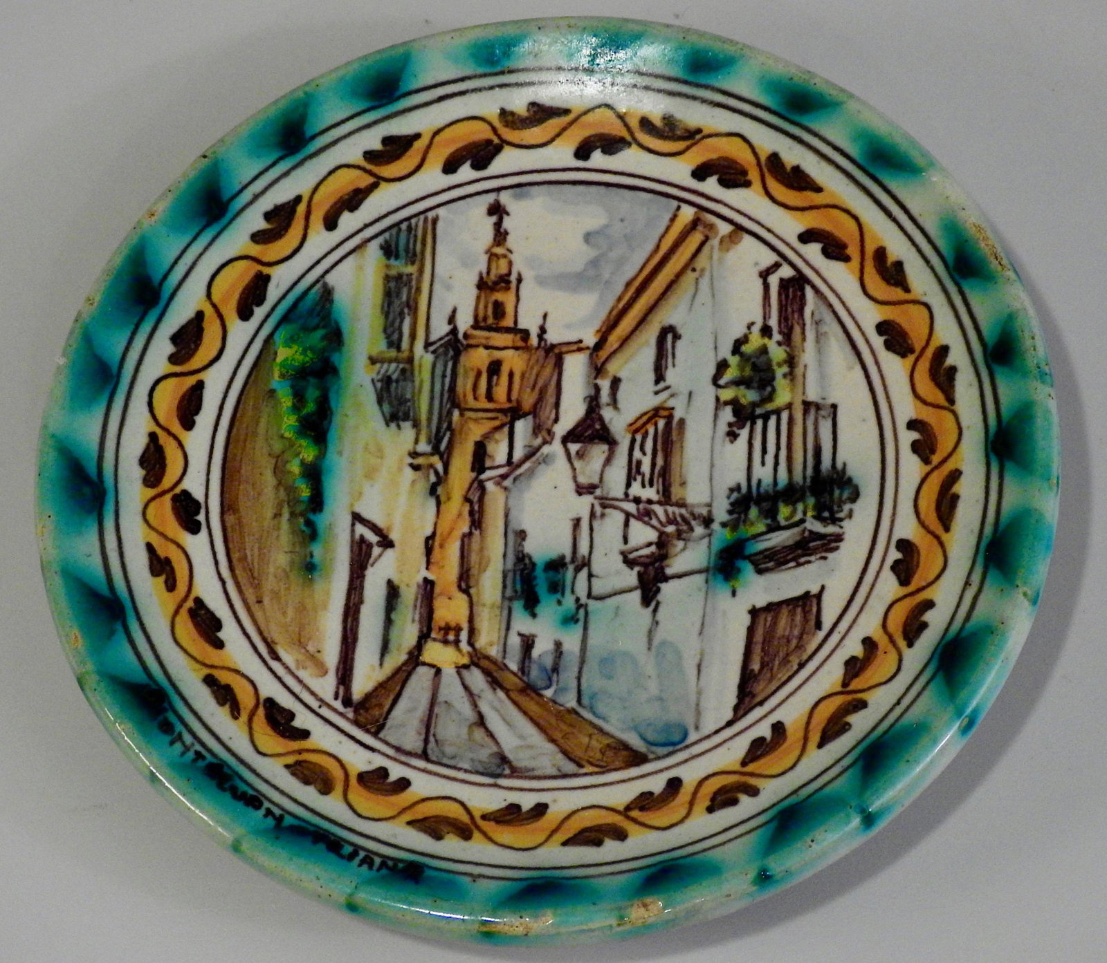 Vintage Mid Century Italian Pottery Hand Painted Street: Vintage Mid Century Italian Pottery Hand Painted Street View Signed Wall Plaque Plate Approximately 6 3/8 inches in diameter.
