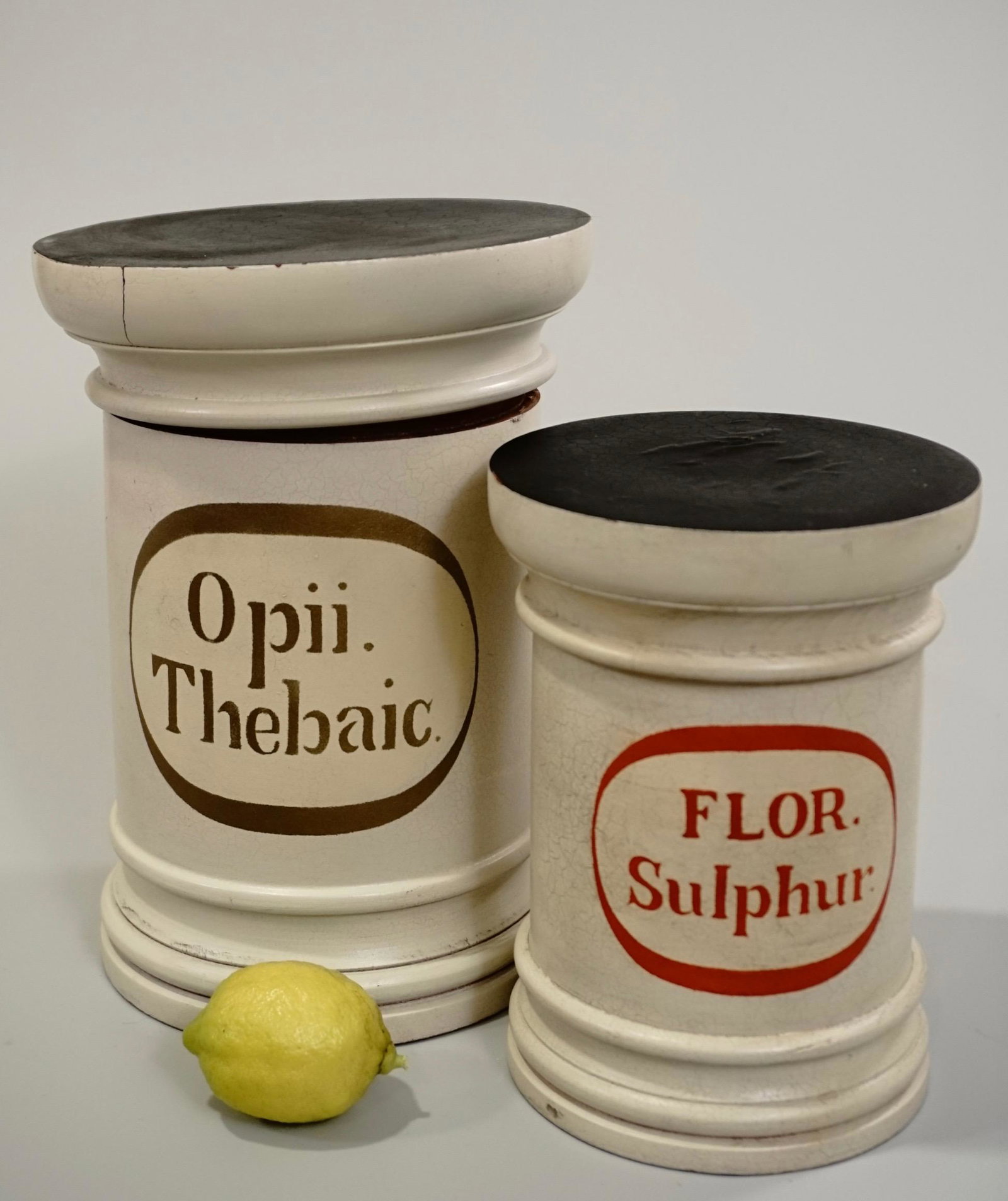 Apothecary Style Turned Wood Kitchen Container Lidded: Apothecary Style Turned Wood Kitchen Container Lidded Stand Crackle Paint Stencil Label Lot of 2 Approximately 9 1/16 inches tall x 6 3/4 inches in diameter and 7 1/16 inches tall x 5 1/4 inches in di