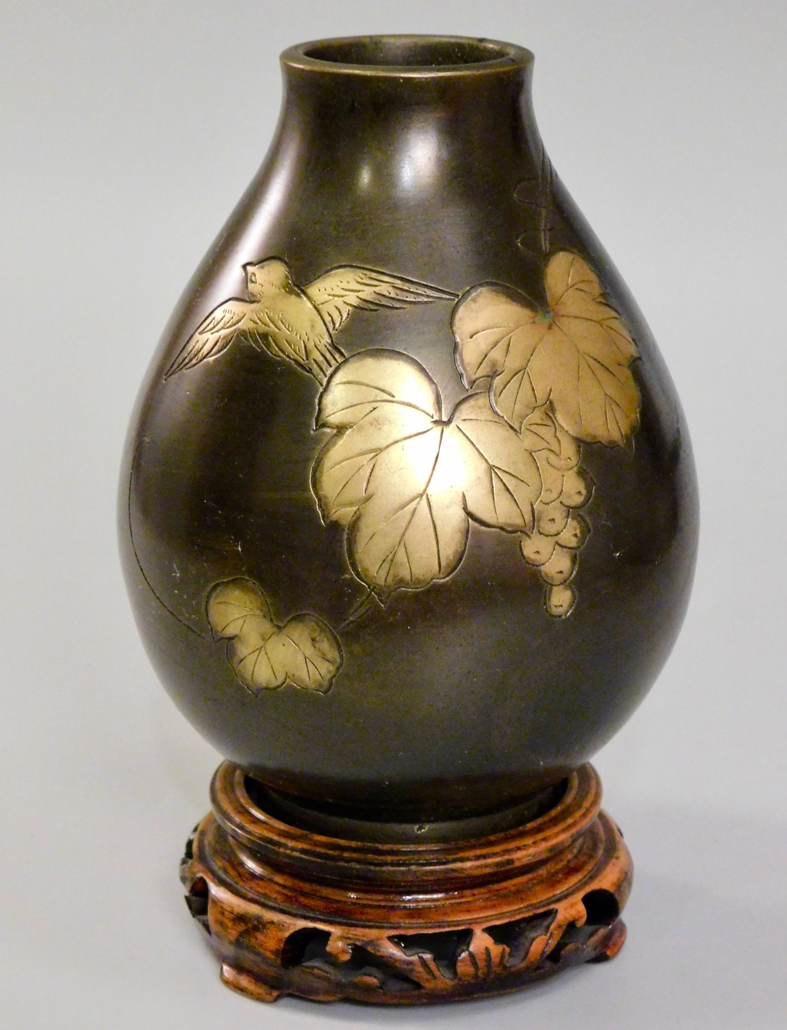 Oriental Bronze Bird Vase Carved Wood Stand (1 of 2)