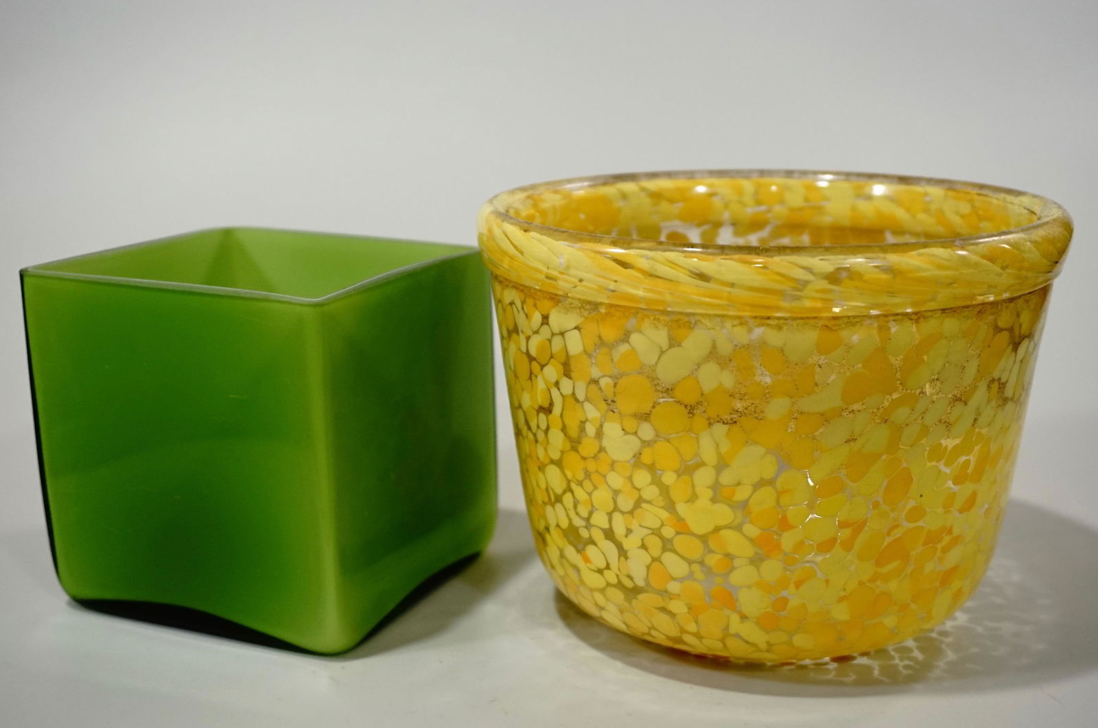 Mid Century Yellow Splatter Art Glass Pot Vase Polished (1 of 6)