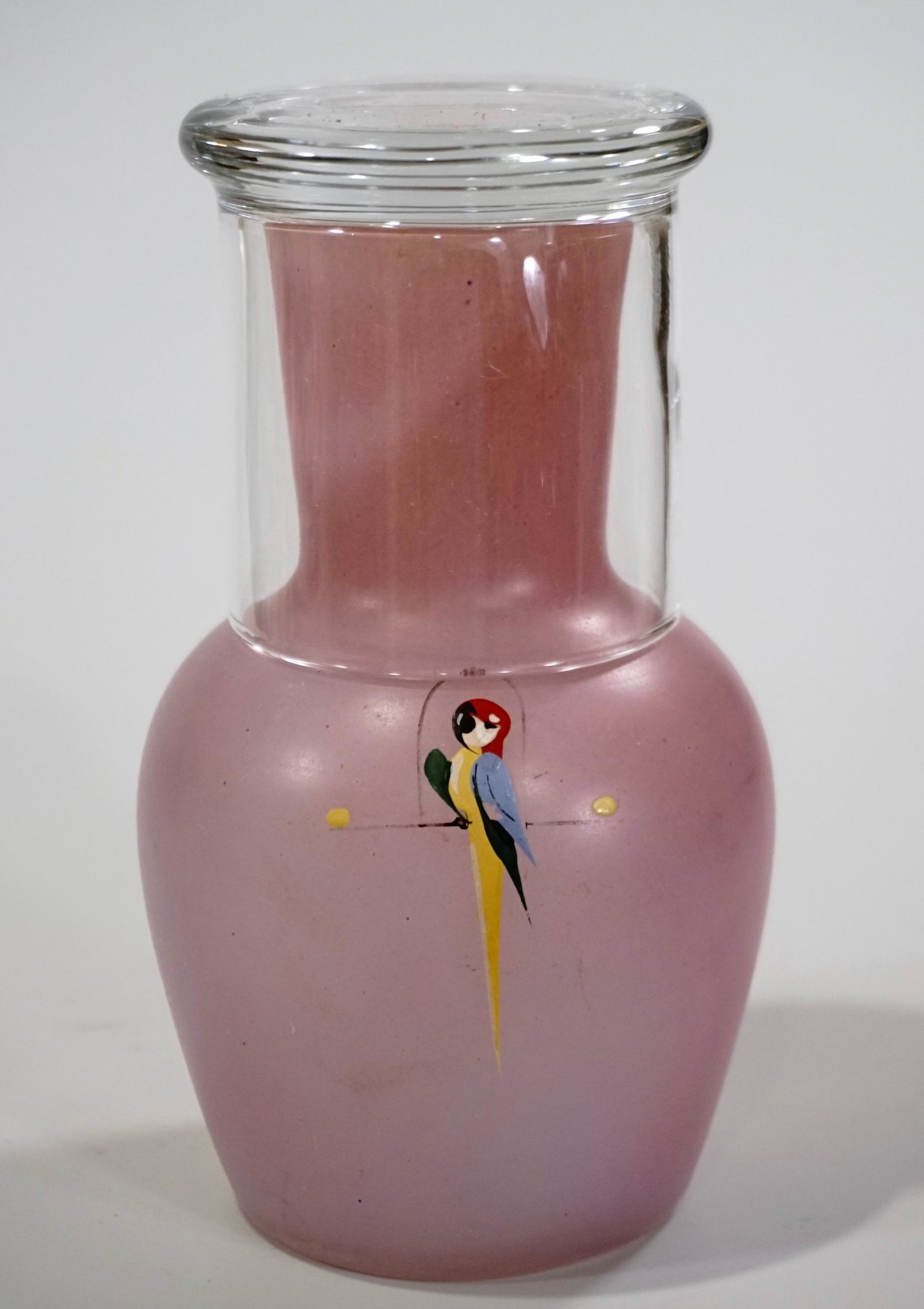 Art Deco Parrot Pink Glass Tumble Up Bottle Decanter: Art Deco Parrot Pink Glass Tumble Up Bottle Decanter c1940 Approximately 6 3/4 inches tall overall.