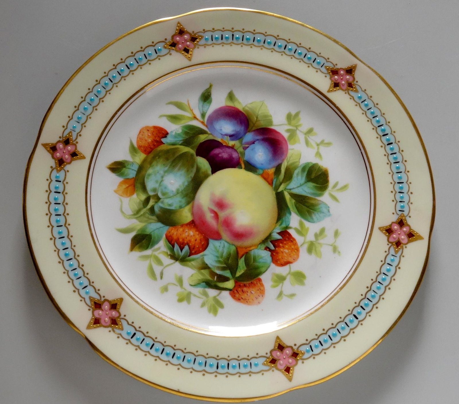 Fine Minton Style Enamel Jeweled Painted Fruits Cabinet: Fine Minton Style Enamel Jeweled Painted Fruits Cabinet Plate Approximately 9 inches in diameter.