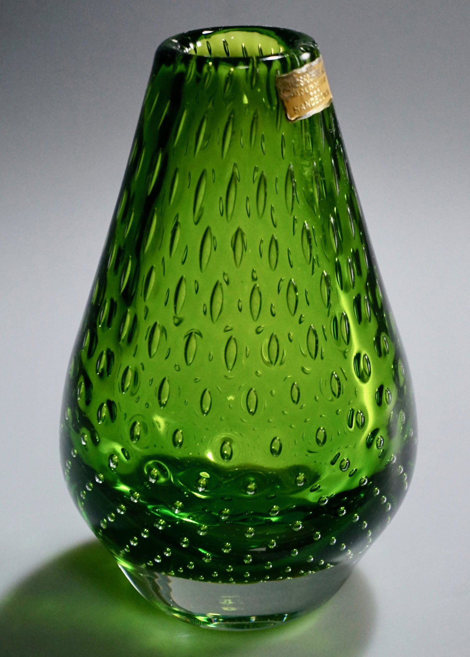 Norwigian Mid Century Green Art Glass Vase Controlled: Norwigian Mid Century Green Art Glass Vase Controlled Bubbles Polished Pontil Approximately 5 3/4 inches tall.