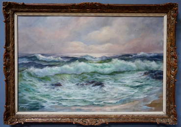 Vintage Seascape Signed Canvas Painting Antique Carved