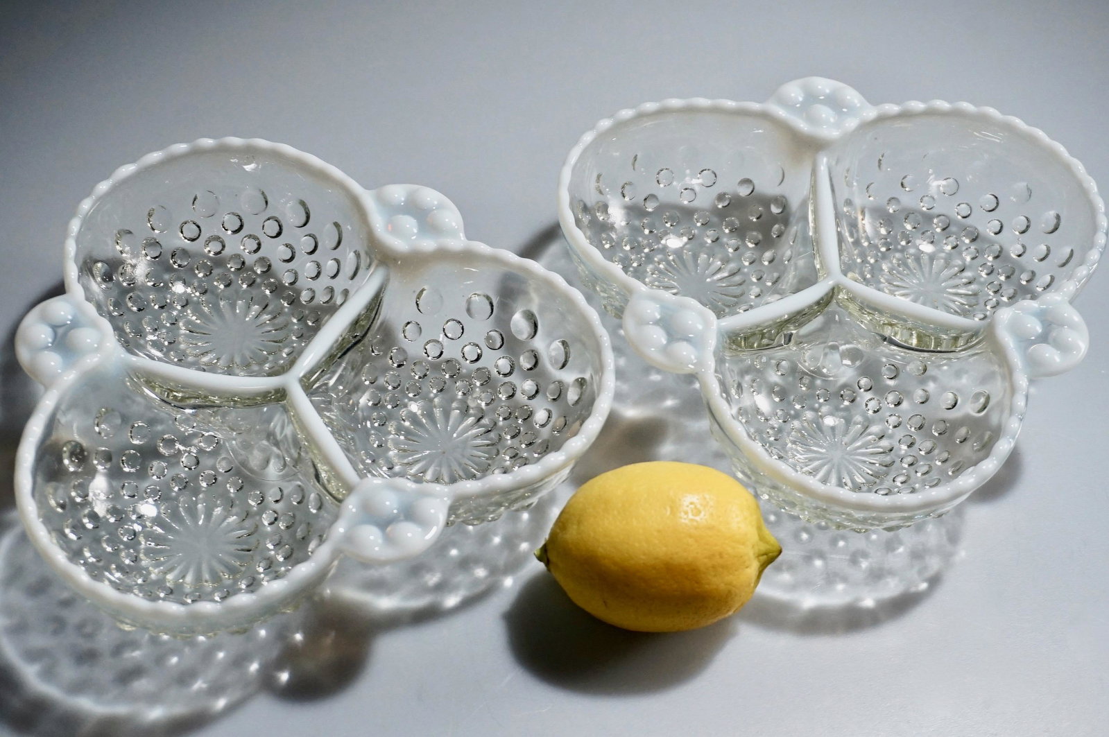Vintage Hobnail Divided Dish Clear Opalescent Milk: Vintage Hobnail Divided Dish Clear Opalescent Milk Glass Approximately 1 9/16 x 6 3/8 inches across.