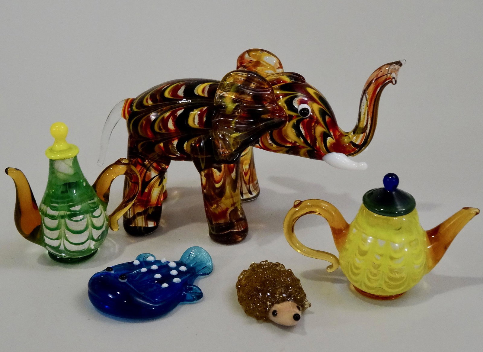 Art Glass Miniatures Lenox Elephant Porcupine Fish Two: Art Glass Miniatures Lenox Elephant Porcupine Fish Two Teapots Lot of 5 Decorations From 1 3/8 to 4 1/2 inches.
