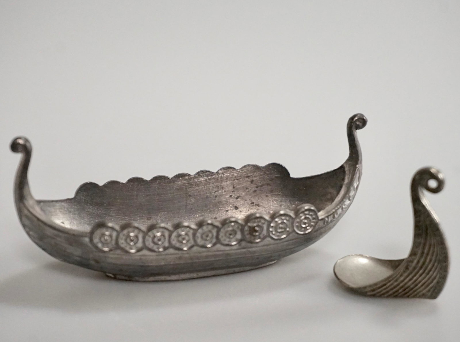 Norwegian Pewter Viking Boat Salt Cellar Spoon: Norwegian Pewter Viking Boat Salt Cellar Spoon Approximately 3 5/8 x 1 1/4 inches.