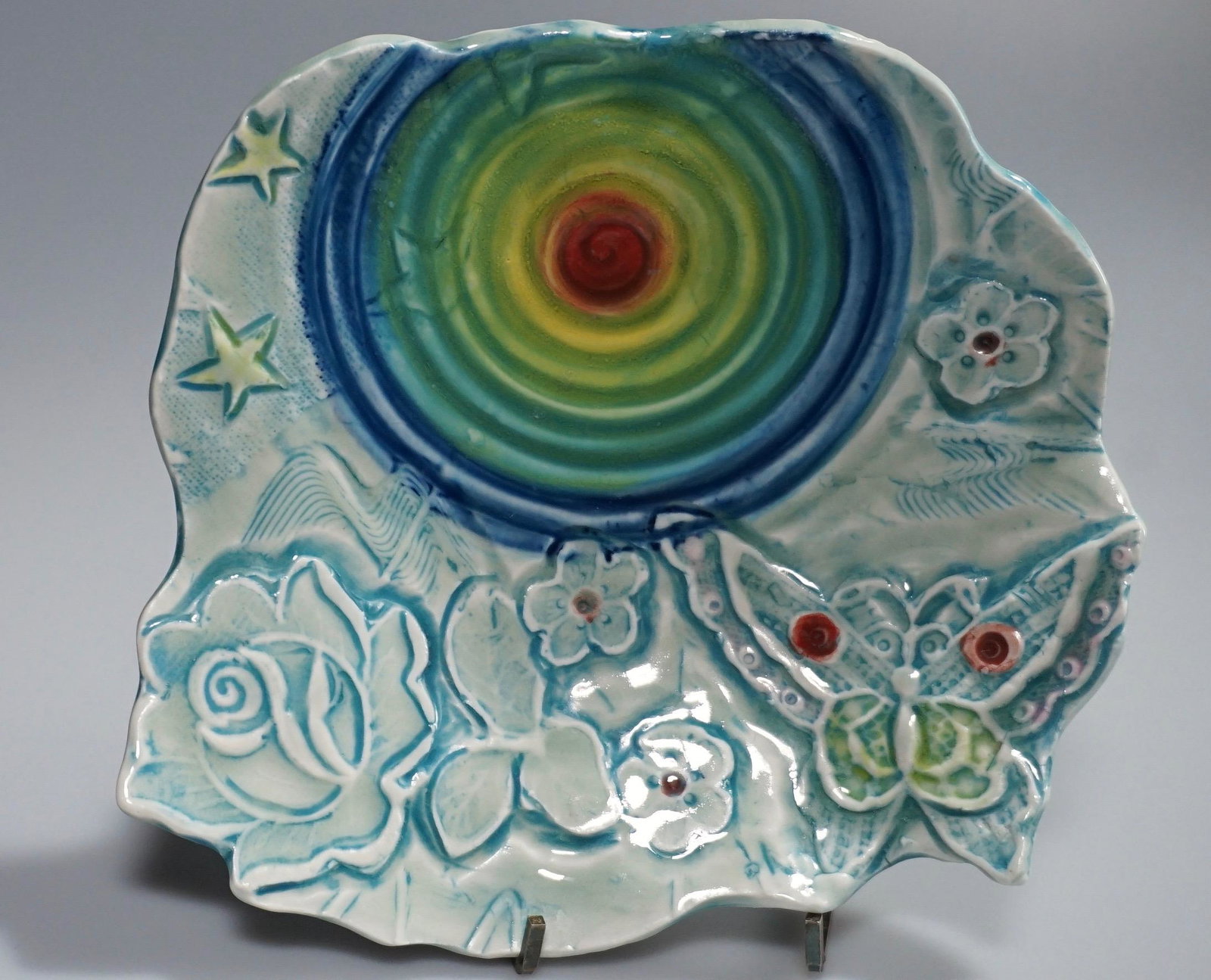 Rainbow Butterfly Studio Pottery Signed Freeform Dish (1 of 6)