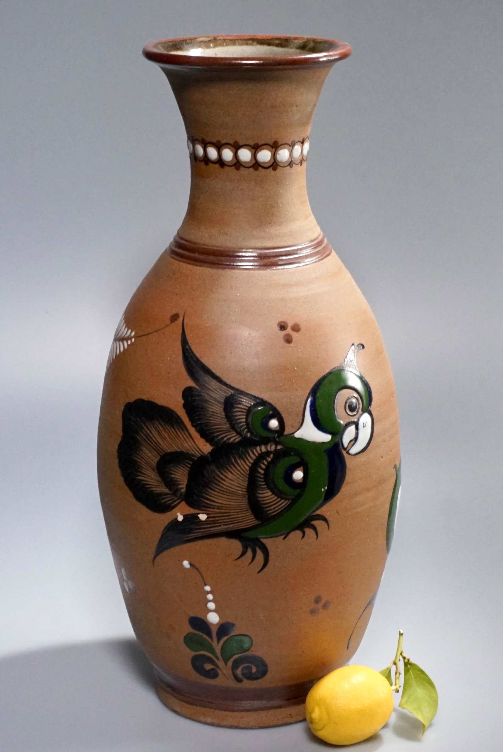 Large Mexican Pottery Parrot Enamel Painted Vase Tacat (1 of 7)